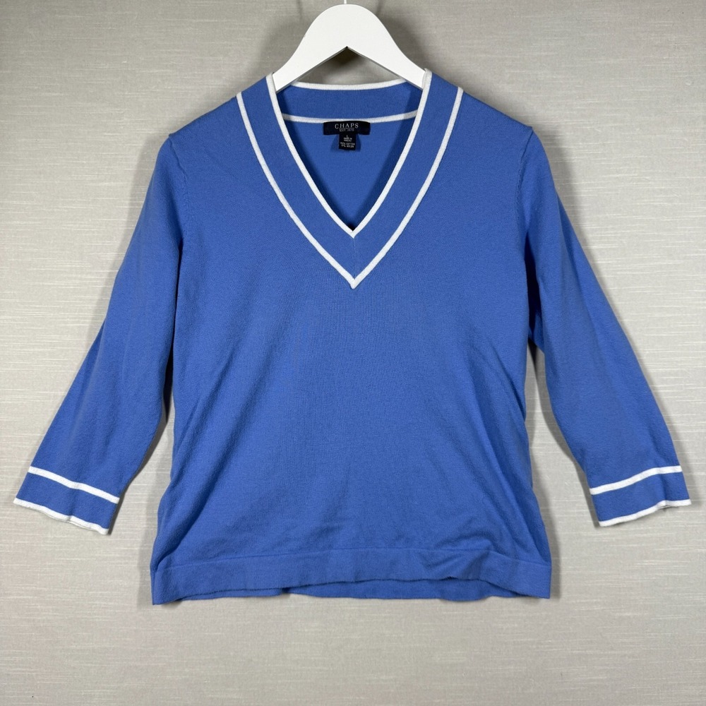 Chaps Sweater Womens Large Blue V Neck Lined Old Money Classic Neutral Knit